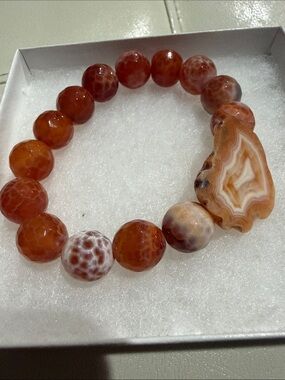 Natural Orange Agate Bead Stretch Bracelet with Geode Accent